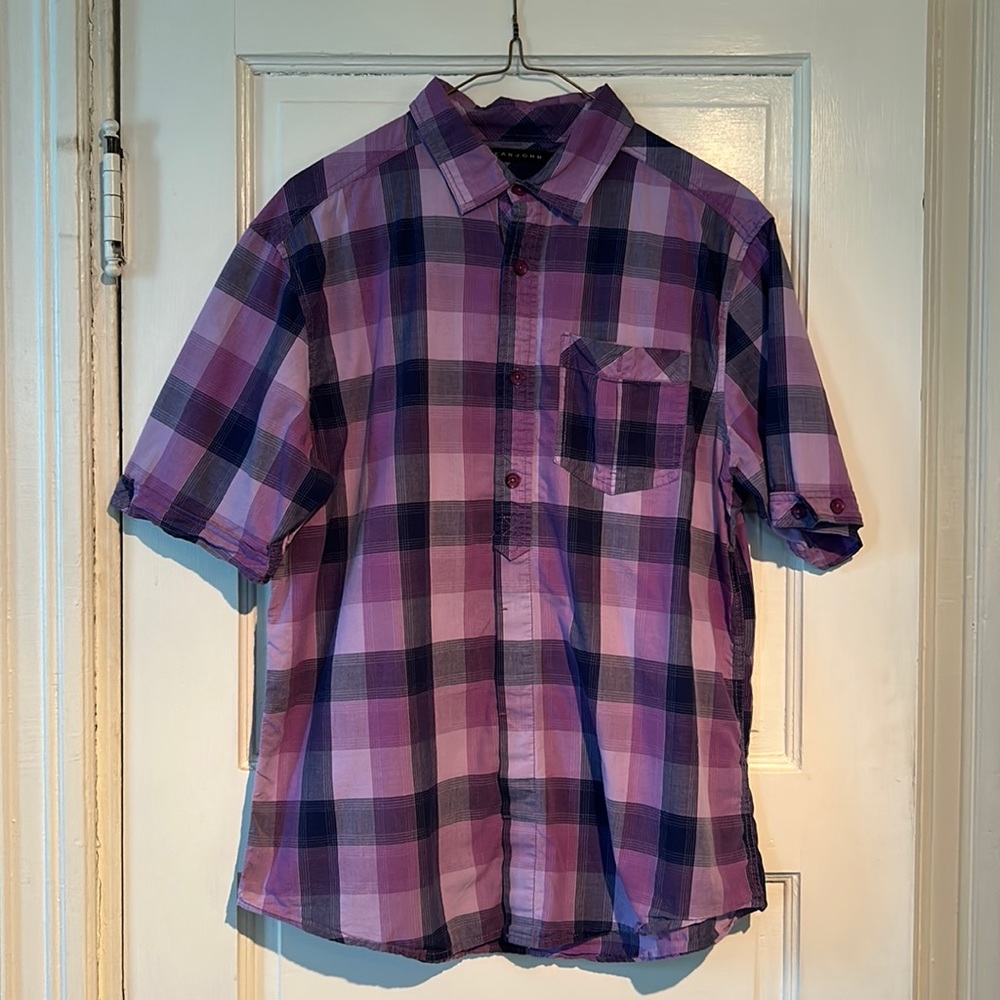 Sean John Men’s Purple Plaid Button Down T-Shirt Size Large